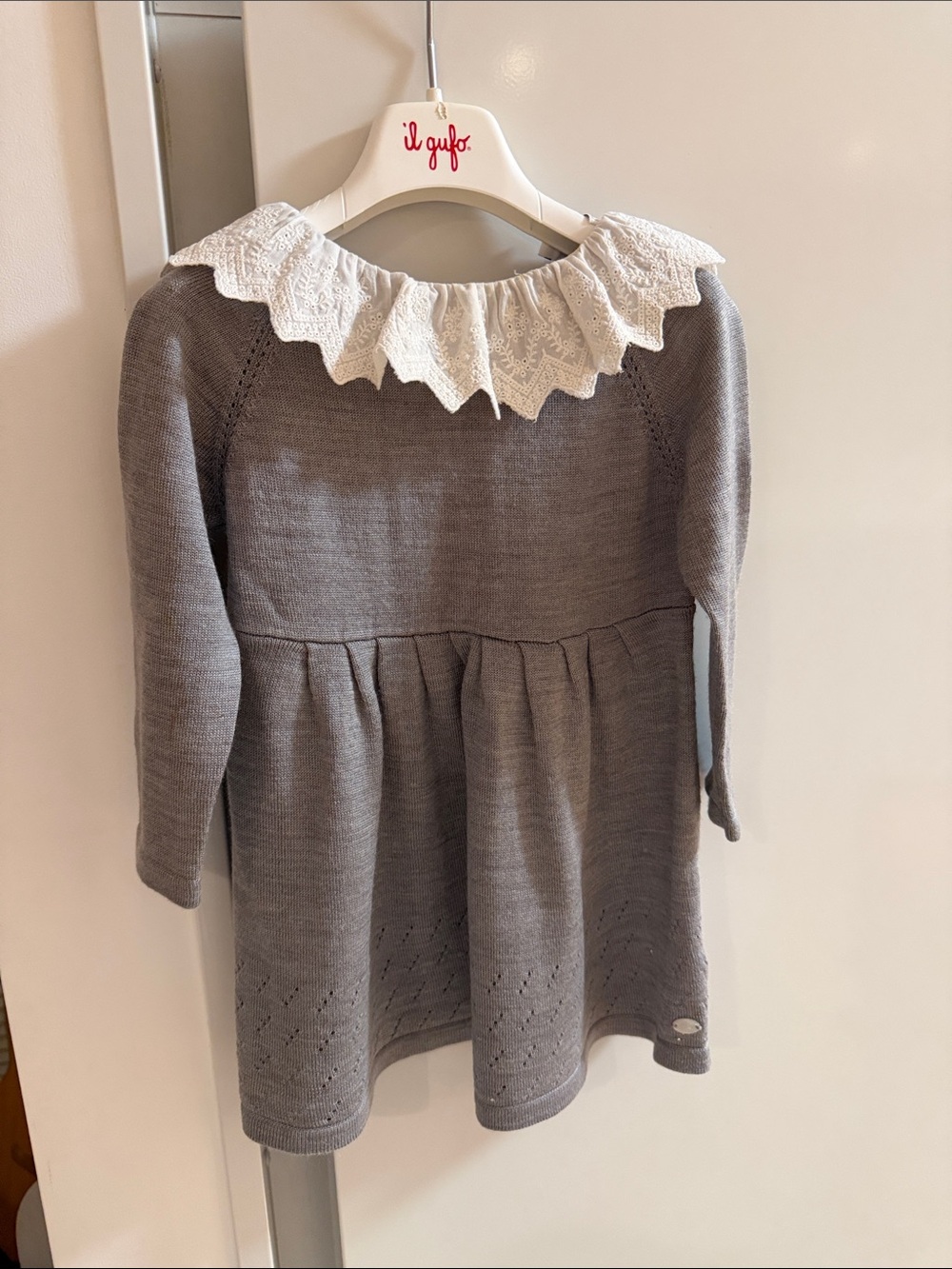 Tartine et chocolat Grey Knit Long-Sleeve Dress with White Lace Collar